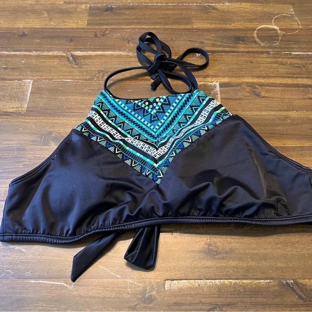 Beach Betty Tribal Halter Crop Top Bikini Top Black Open Back Large